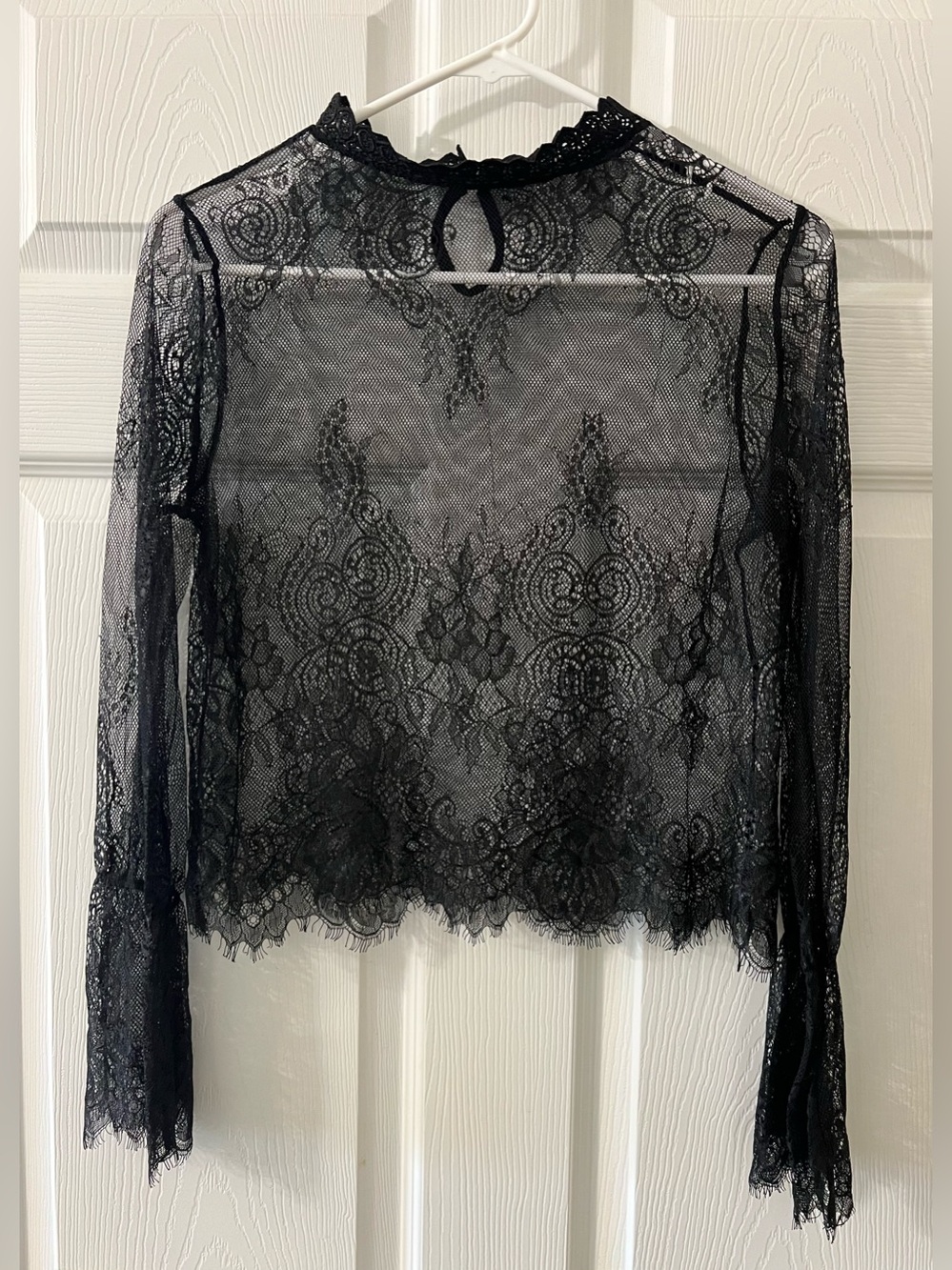Black Lace Long-Sleeve Sheer Top - Women's